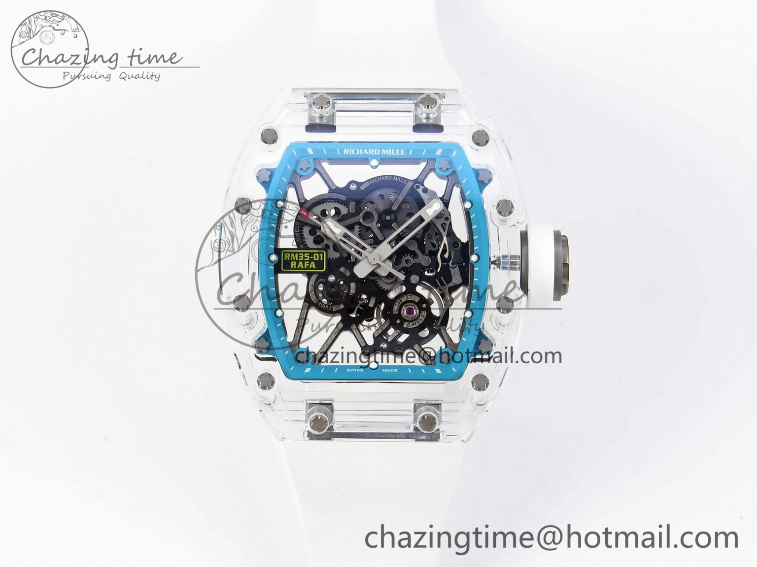 RM035 Transparent SONIC Best Edition Skeleton Blue Dial on White Nylon Strap Clone RMUL2