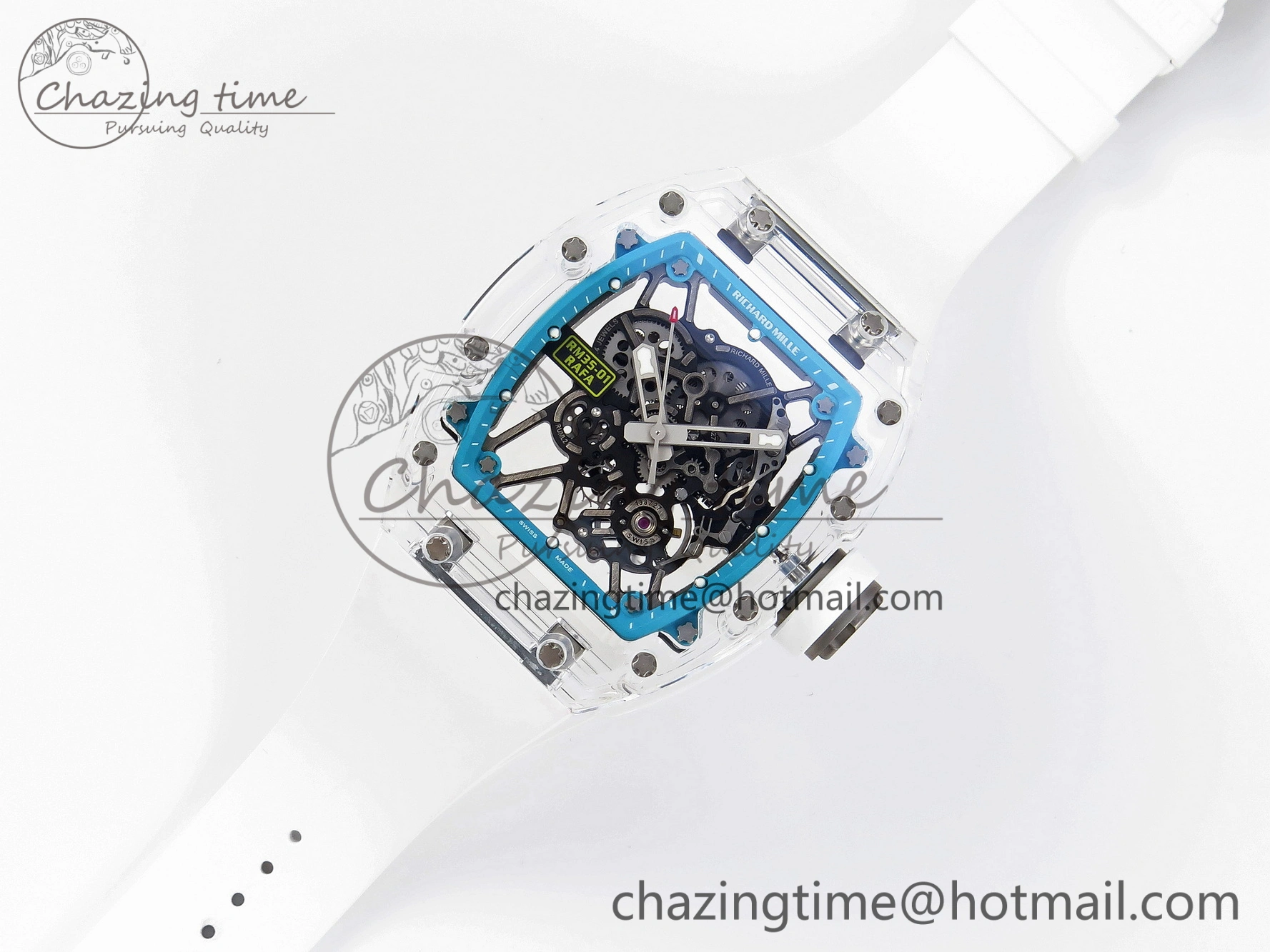 RM035 Transparent SONIC Best Edition Skeleton Blue Dial on White Nylon Strap Clone RMUL2