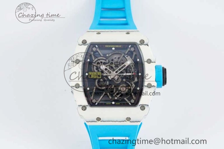 RM035 White Carbon SONIC Best Edition Skeleton Dial on Blue Rubber Strap Clone RMUL2