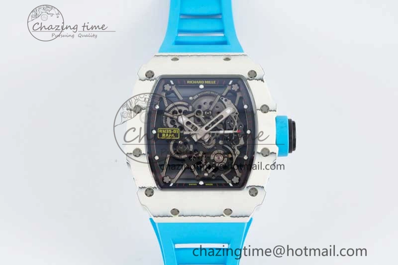 RM035 White Carbon SONIC Best Edition Skeleton Dial on Blue Rubber Strap Clone RMUL2