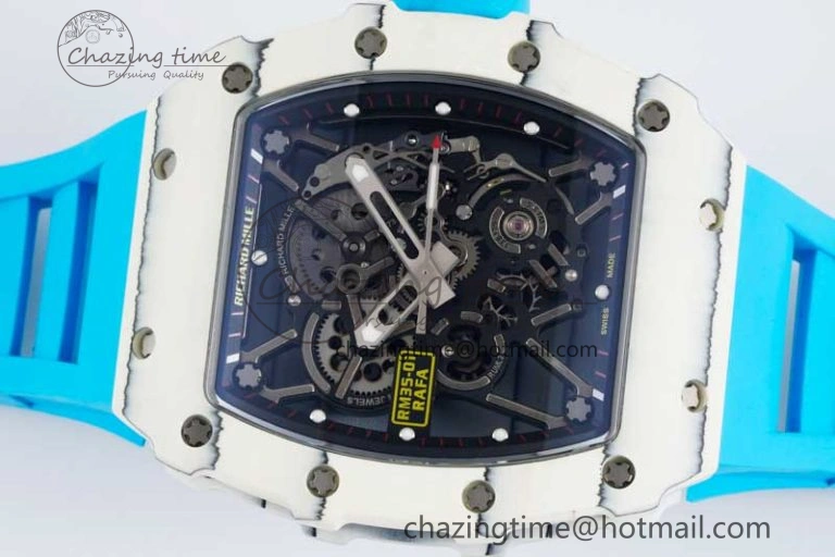 RM035 White Carbon SONIC Best Edition Skeleton Dial on Blue Rubber Strap Clone RMUL2