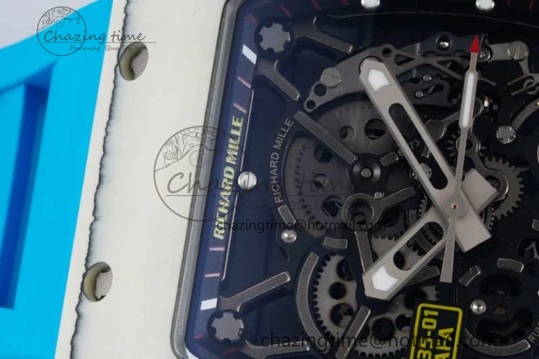 RM035 White Carbon SONIC Best Edition Skeleton Dial on Blue Rubber Strap Clone RMUL2
