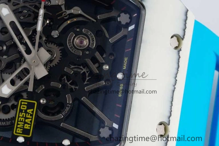 RM035 White Carbon SONIC Best Edition Skeleton Dial on Blue Rubber Strap Clone RMUL2