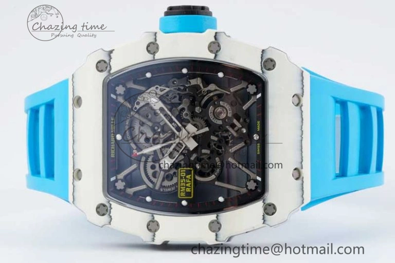 RM035 White Carbon SONIC Best Edition Skeleton Dial on Blue Rubber Strap Clone RMUL2