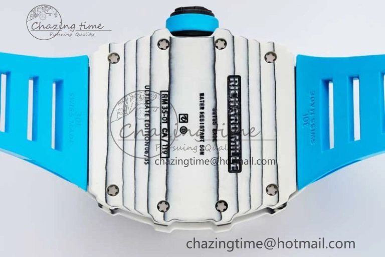 RM035 White Carbon SONIC Best Edition Skeleton Dial on Blue Rubber Strap Clone RMUL2