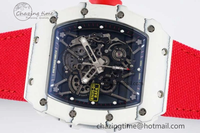 RM035 White Carbon SONIC Best Edition Skeleton Dial on Red Nylon Strap Clone RMUL2