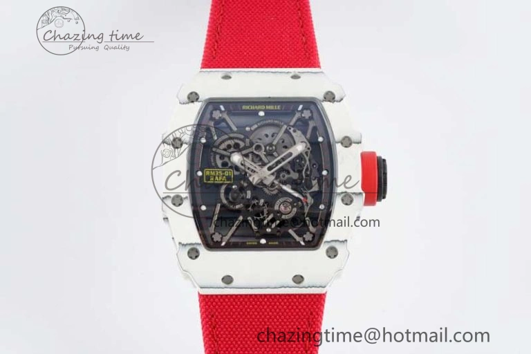 RM035 White Carbon SONIC Best Edition Skeleton Dial on Red Nylon Strap Clone RMUL2