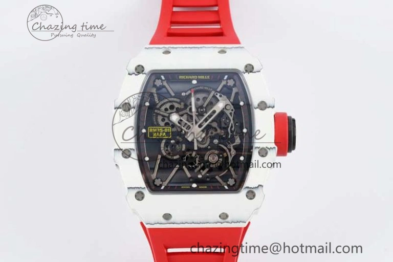 RM035 White Carbon SONIC Best Edition Skeleton Dial on Red Rubber Strap Clone RMUL2
