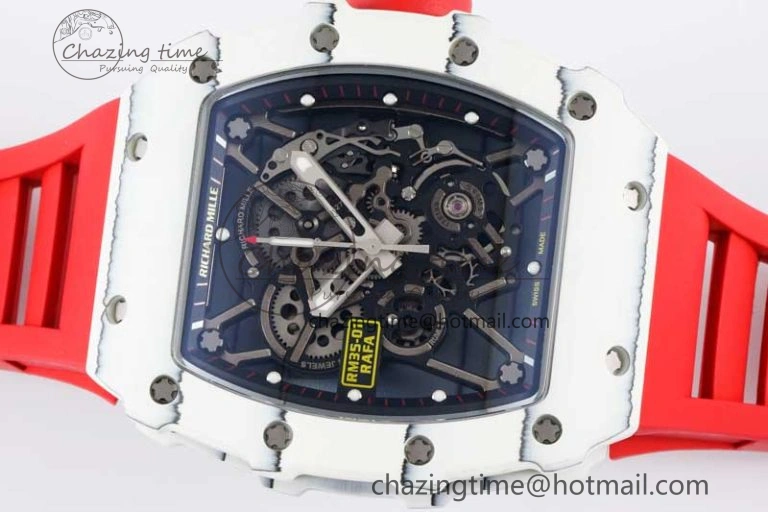 RM035 White Carbon SONIC Best Edition Skeleton Dial on Red Rubber Strap Clone RMUL2