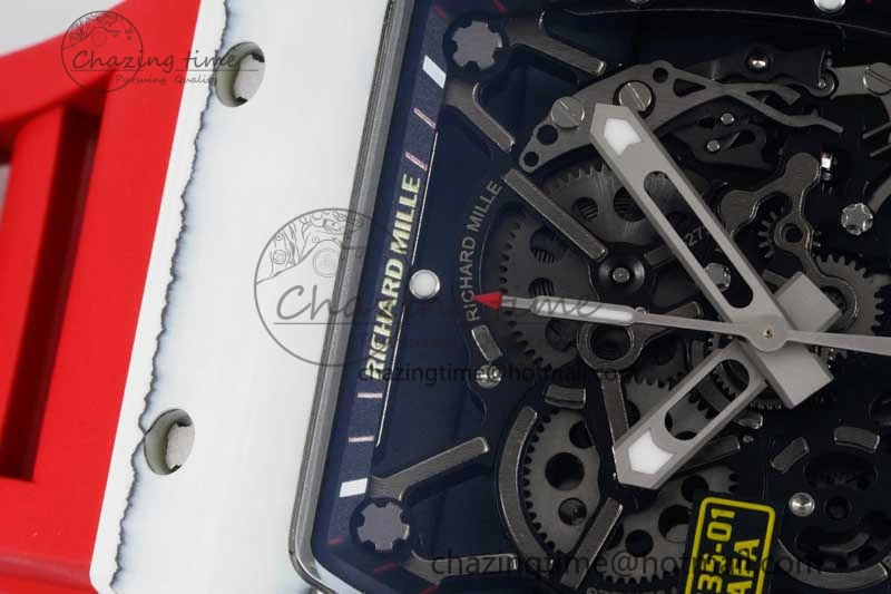 RM035 White Carbon SONIC Best Edition Skeleton Dial on Red Rubber Strap Clone RMUL2
