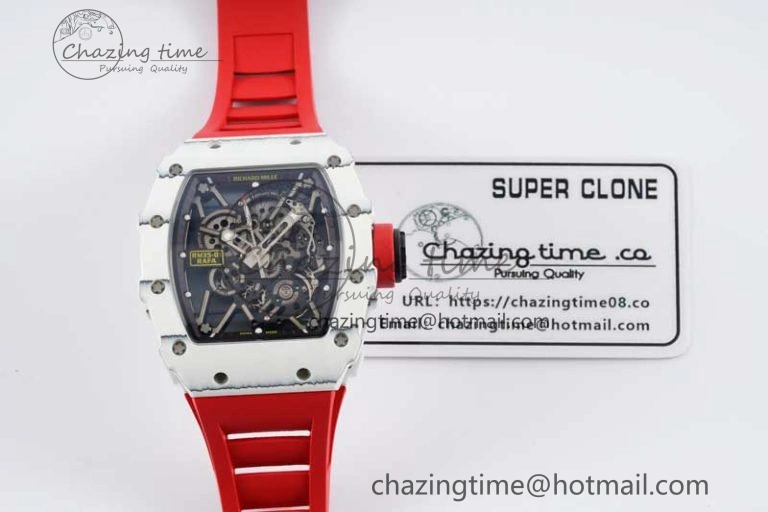 RM035 White Carbon SONIC Best Edition Skeleton Dial on Red Rubber Strap Clone RMUL2