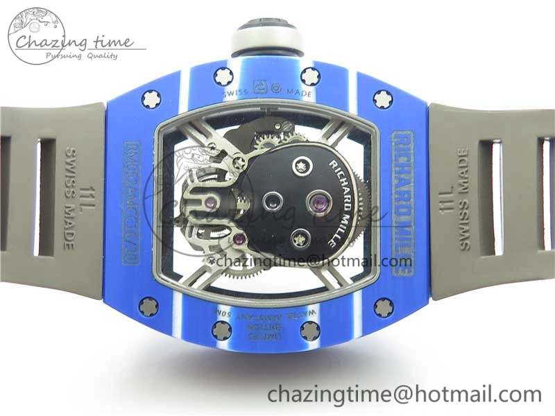 RM052-01 Tourbillon PVD Blue Bezel JBF Best Edition Skeleton Dial on Gray Rubber Strap