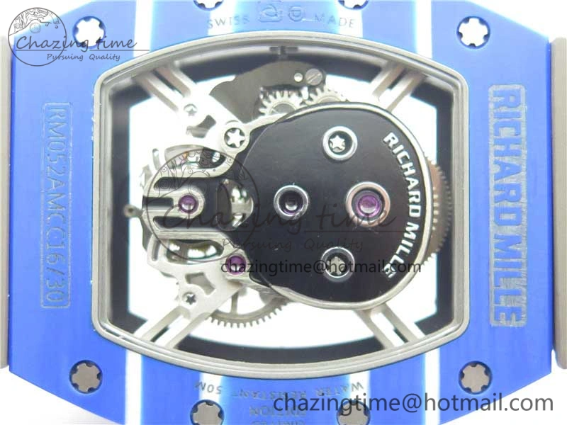 RM052-01 Tourbillon PVD Blue Bezel JBF Best Edition Skeleton Dial on Gray Rubber Strap