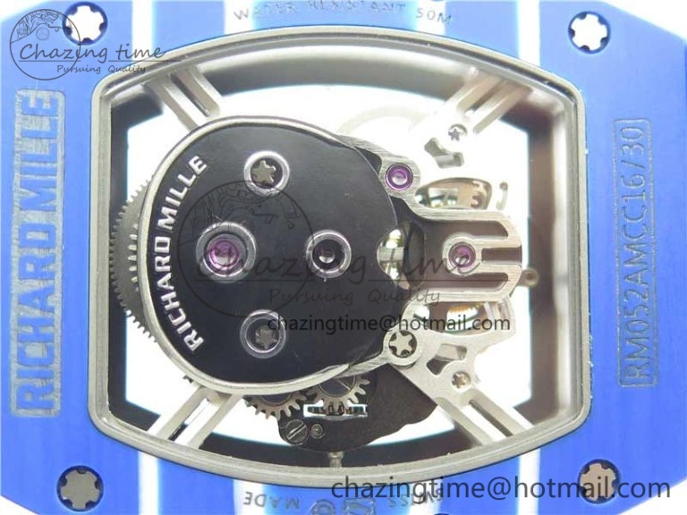 RM052-01 Tourbillon PVD Blue Bezel JBF Best Edition Skeleton Dial on Gray Rubber Strap