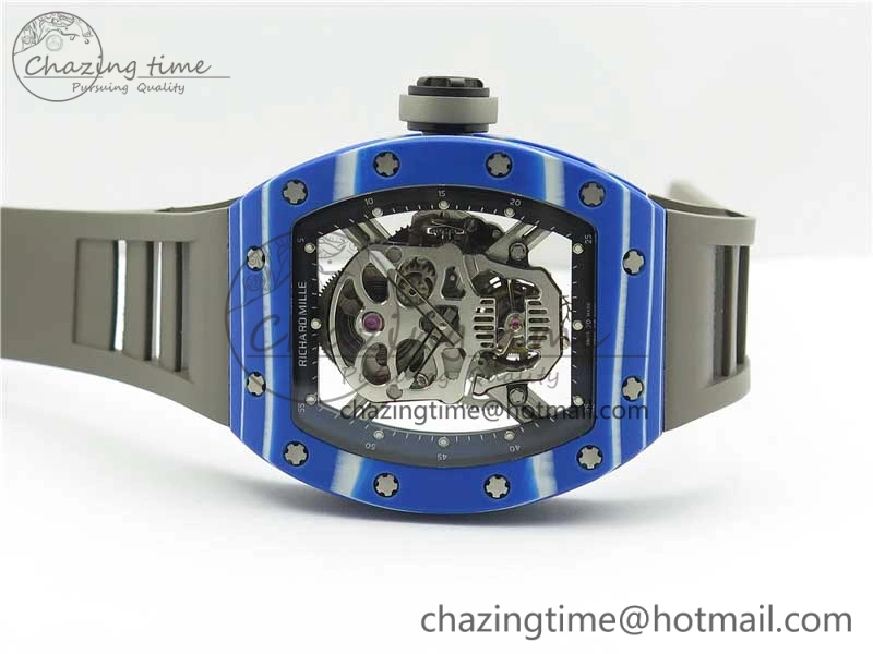 RM052-01 Tourbillon PVD Blue Bezel JBF Best Edition Skeleton Dial on Gray Rubber Strap