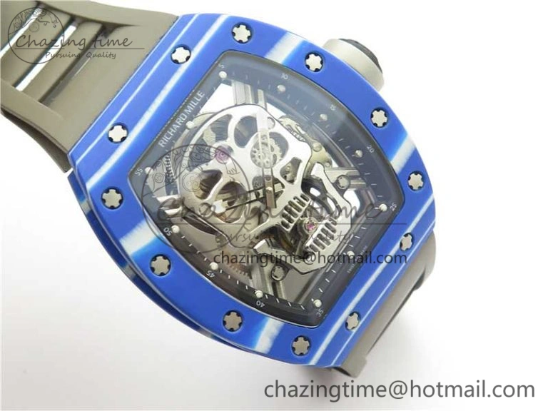 RM052-01 Tourbillon PVD Blue Bezel JBF Best Edition Skeleton Dial on Gray Rubber Strap