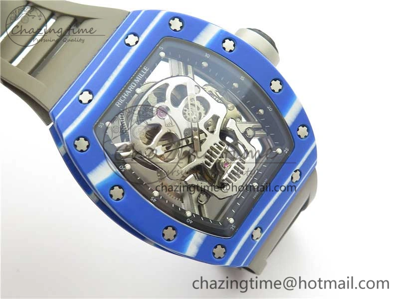 RM052-01 Tourbillon PVD Blue Bezel JBF Best Edition Skeleton Dial on Gray Rubber Strap