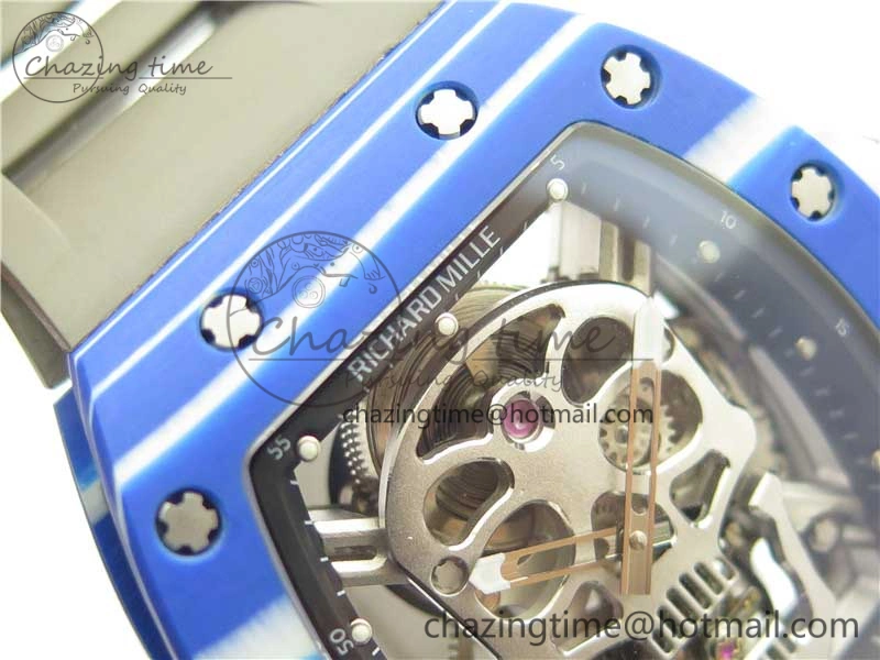 RM052-01 Tourbillon PVD Blue Bezel JBF Best Edition Skeleton Dial on Gray Rubber Strap