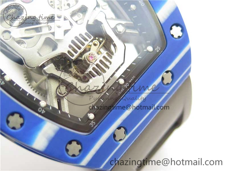 RM052-01 Tourbillon PVD Blue Bezel JBF Best Edition Skeleton Dial on Gray Rubber Strap