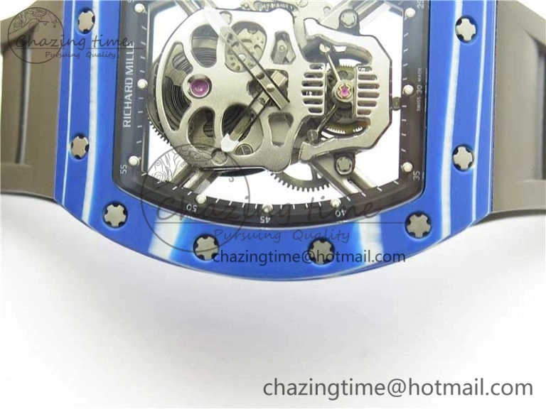 RM052-01 Tourbillon PVD Blue Bezel JBF Best Edition Skeleton Dial on Gray Rubber Strap