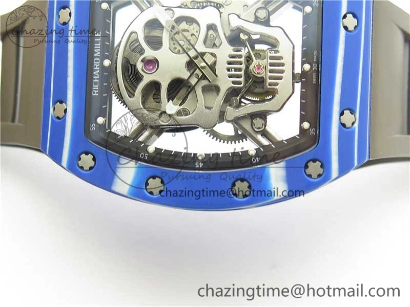 RM052-01 Tourbillon PVD Blue Bezel JBF Best Edition Skeleton Dial on Gray Rubber Strap