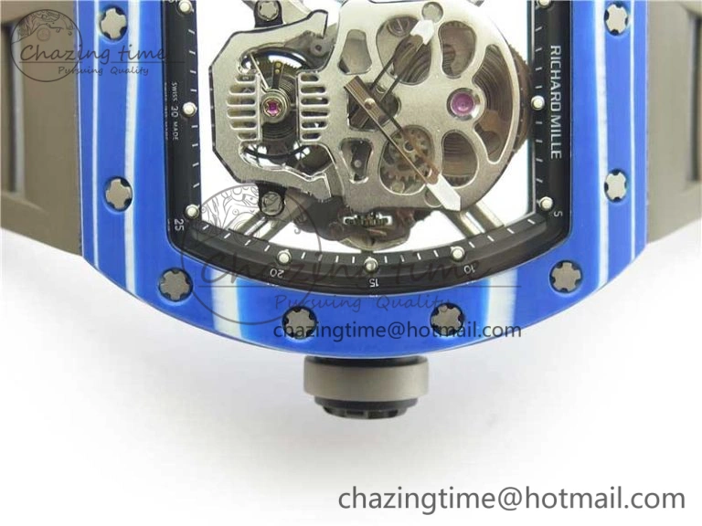 RM052-01 Tourbillon PVD Blue Bezel JBF Best Edition Skeleton Dial on Gray Rubber Strap