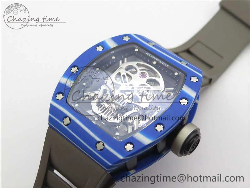 RM052-01 Tourbillon PVD Blue Bezel JBF Best Edition Skeleton Dial on Gray Rubber Strap