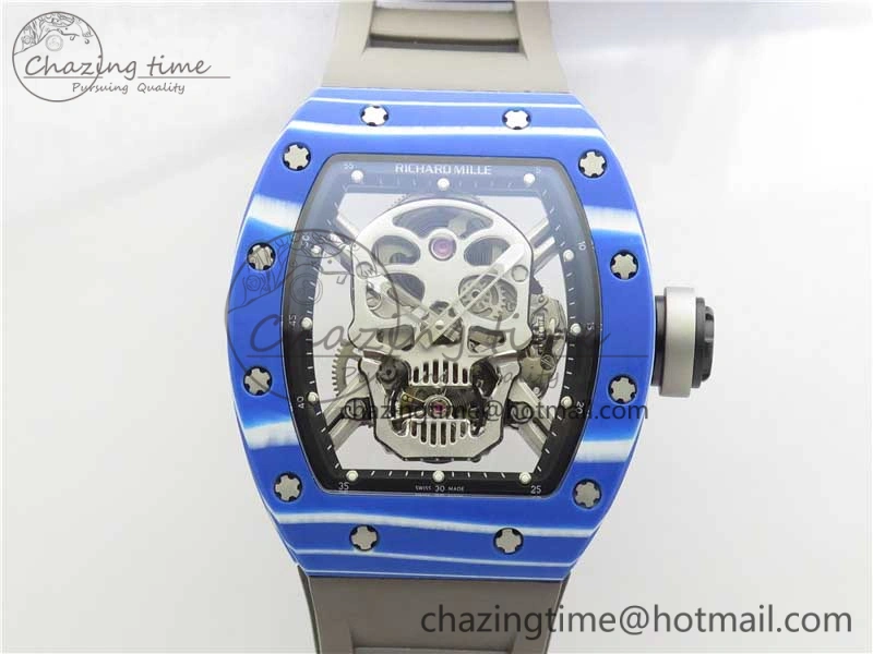 RM052-01 Tourbillon PVD Blue Bezel JBF Best Edition Skeleton Dial on Gray Rubber Strap
