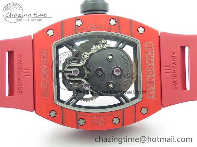 RM052-01 Tourbillon PVD Red Bezel JBF Best Edition Skeleton Dial on Red Rubber Strap