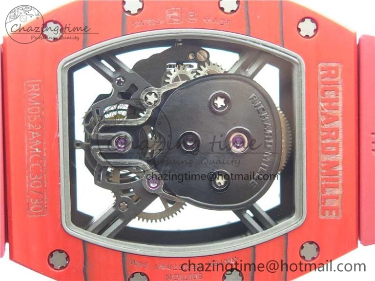 RM052-01 Tourbillon PVD Red Bezel JBF Best Edition Skeleton Dial on Red Rubber Strap