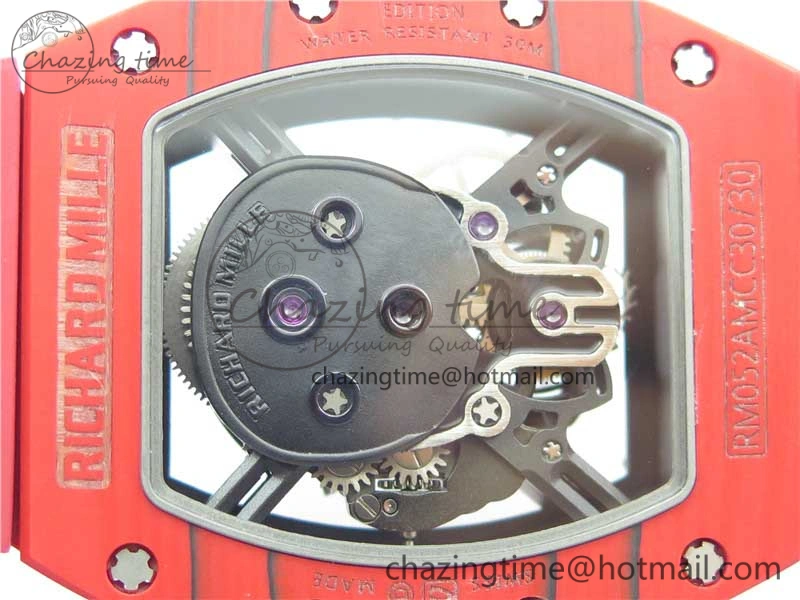 RM052-01 Tourbillon PVD Red Bezel JBF Best Edition Skeleton Dial on Red Rubber Strap
