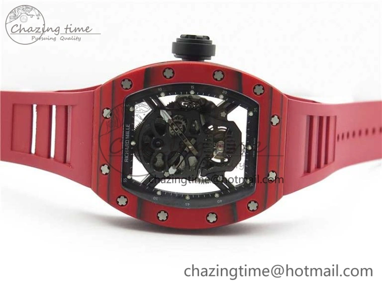 RM052-01 Tourbillon PVD Red Bezel JBF Best Edition Skeleton Dial on Red Rubber Strap