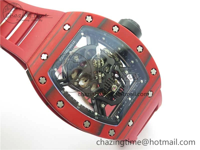 RM052-01 Tourbillon PVD Red Bezel JBF Best Edition Skeleton Dial on Red Rubber Strap