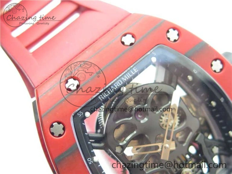 RM052-01 Tourbillon PVD Red Bezel JBF Best Edition Skeleton Dial on Red Rubber Strap