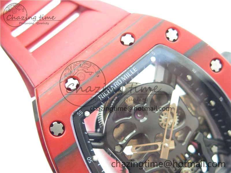 RM052-01 Tourbillon PVD Red Bezel JBF Best Edition Skeleton Dial on Red Rubber Strap