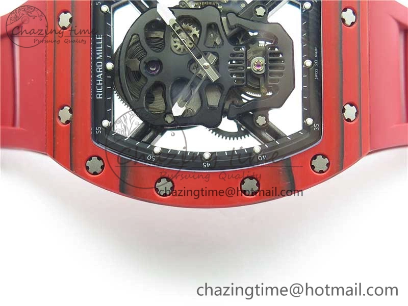 RM052-01 Tourbillon PVD Red Bezel JBF Best Edition Skeleton Dial on Red Rubber Strap