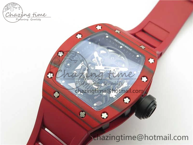 RM052-01 Tourbillon PVD Red Bezel JBF Best Edition Skeleton Dial on Red Rubber Strap