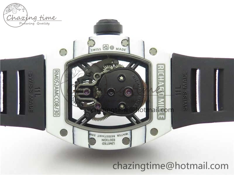 RM052-01 Tourbillon PVD White Bezel JBF Best Edition Skeleton Dial on Black Rubber Strap