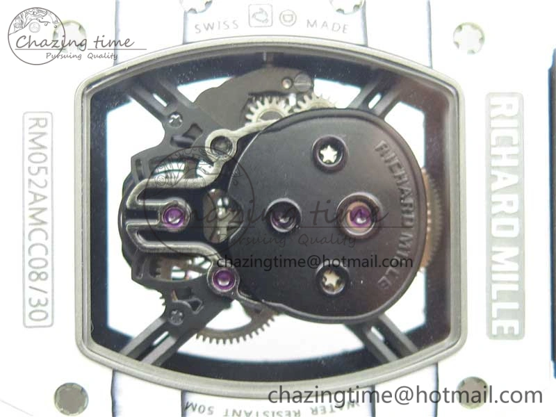 RM052-01 Tourbillon PVD White Bezel JBF Best Edition Skeleton Dial on Black Rubber Strap