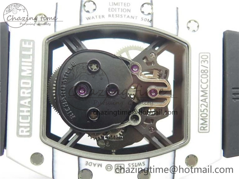 RM052-01 Tourbillon PVD White Bezel JBF Best Edition Skeleton Dial on Black Rubber Strap