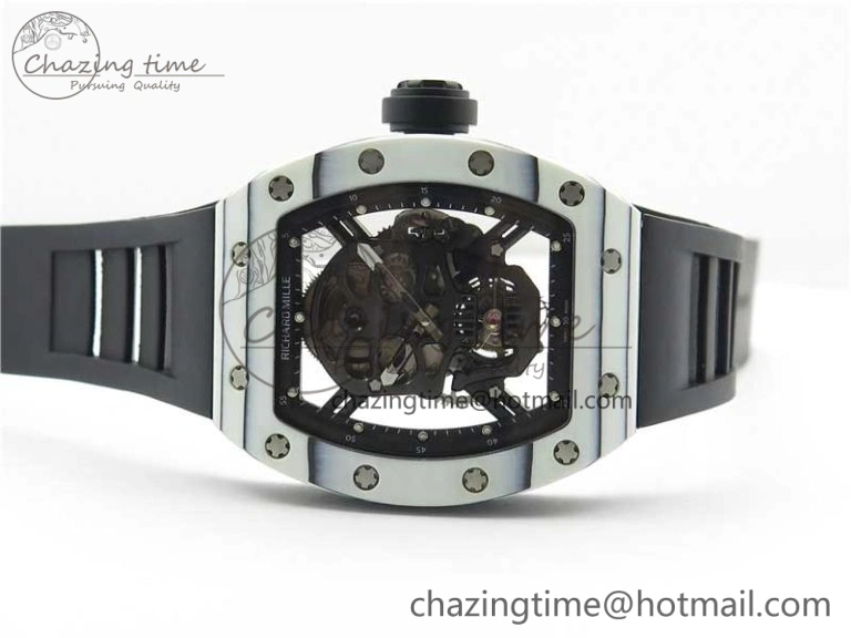 RM052-01 Tourbillon PVD White Bezel JBF Best Edition Skeleton Dial on Black Rubber Strap