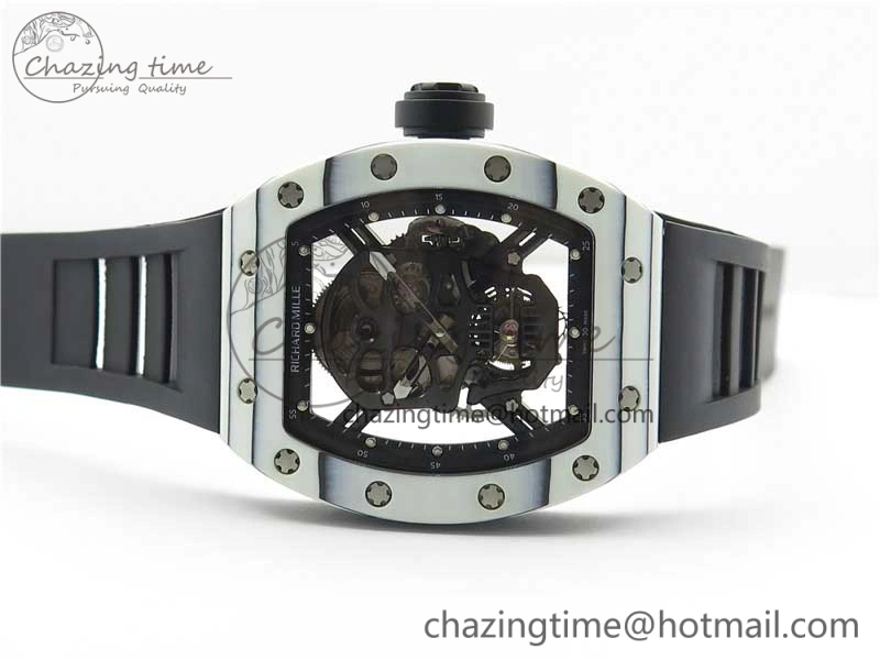 RM052-01 Tourbillon PVD White Bezel JBF Best Edition Skeleton Dial on Black Rubber Strap