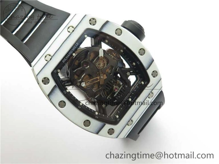 RM052-01 Tourbillon PVD White Bezel JBF Best Edition Skeleton Dial on Black Rubber Strap