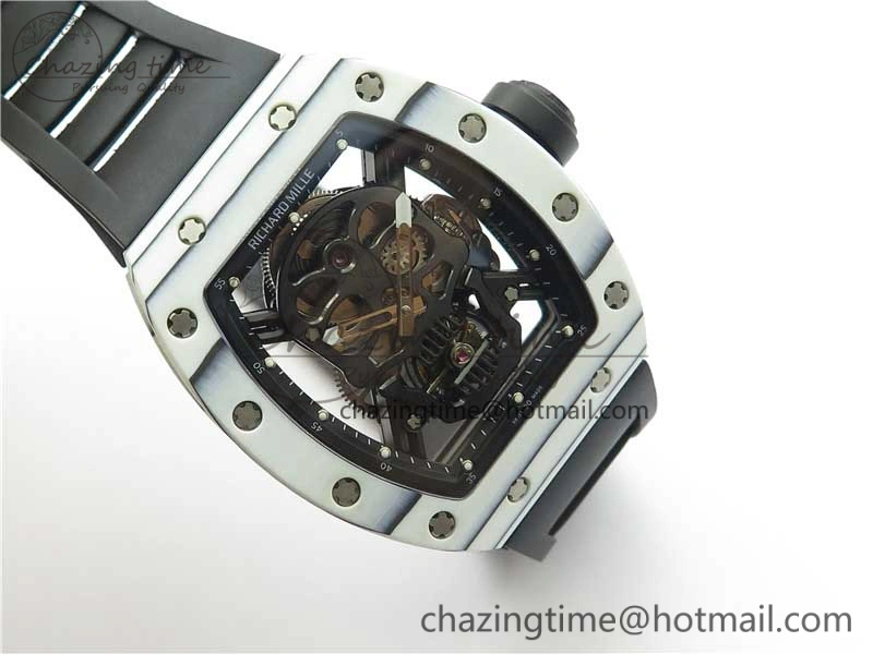 RM052-01 Tourbillon PVD White Bezel JBF Best Edition Skeleton Dial on Black Rubber Strap