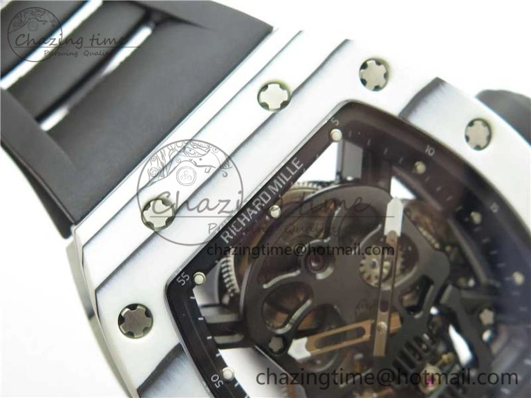 RM052-01 Tourbillon PVD White Bezel JBF Best Edition Skeleton Dial on Black Rubber Strap