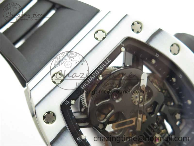RM052-01 Tourbillon PVD White Bezel JBF Best Edition Skeleton Dial on Black Rubber Strap