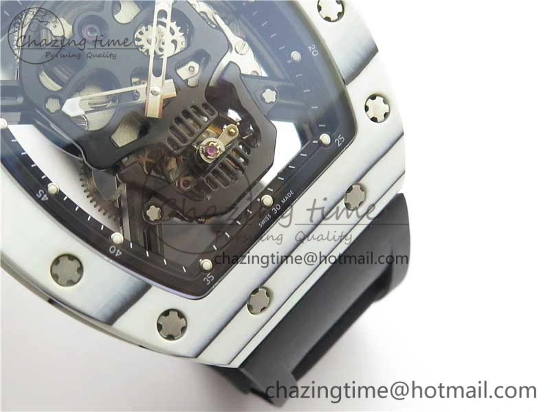 RM052-01 Tourbillon PVD White Bezel JBF Best Edition Skeleton Dial on Black Rubber Strap