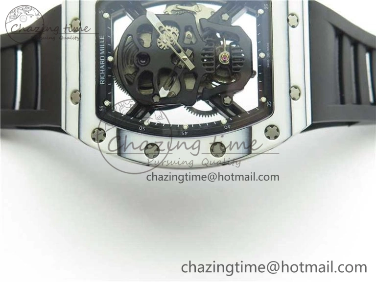 RM052-01 Tourbillon PVD White Bezel JBF Best Edition Skeleton Dial on Black Rubber Strap