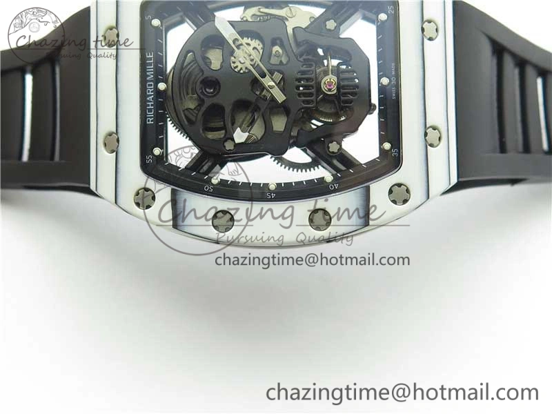 RM052-01 Tourbillon PVD White Bezel JBF Best Edition Skeleton Dial on Black Rubber Strap