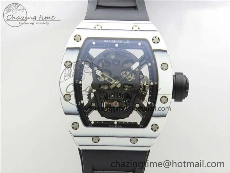 RM052-01 Tourbillon PVD White Bezel JBF Best Edition Skeleton Dial on Black Rubber Strap